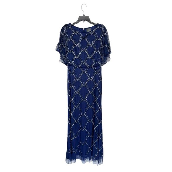 NWT Adrianna Papell | Hand Beaded Blouson Long Gown Flutter Sleeves Navy Blue 2 - Picture 2 of 8